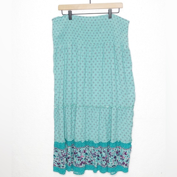 Aerie Tiered Teal Floral Bohemian Maxi Skirt Elastic Ruched Waistband Size XL - Picture 2 of 7